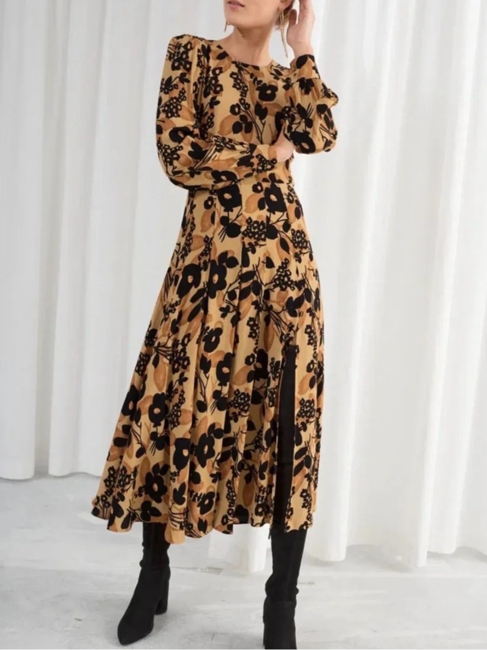 & Other Stories Mustard & Black Floral Long Sleeve Midi Dress